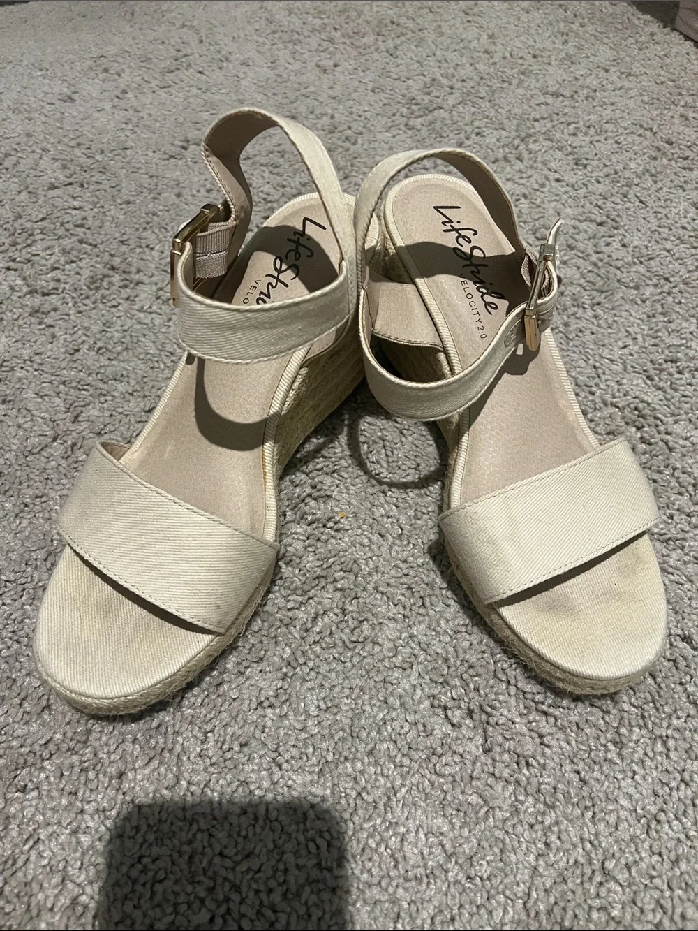 Life Stride Cream Canvas Slingback Wedge Sandals
